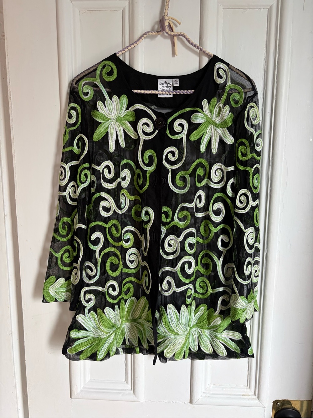 Parsley & Sage Black Mesh Button Up with Green & White Floral Embroidery